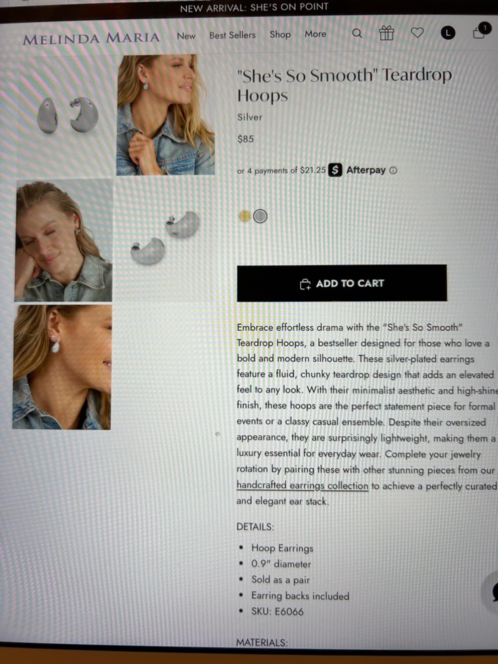 Melinda Maria She’s So Smooth Teardrop Hoops, NWT, silvertone - Picture 4 of 4